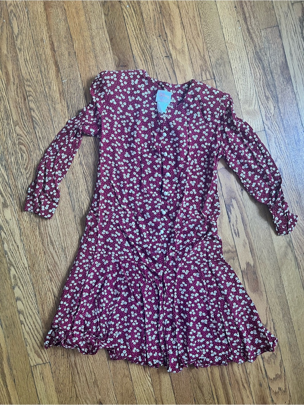 VINTAGE Burgundy Floral Ruffle-Hem Drop Waist Dress